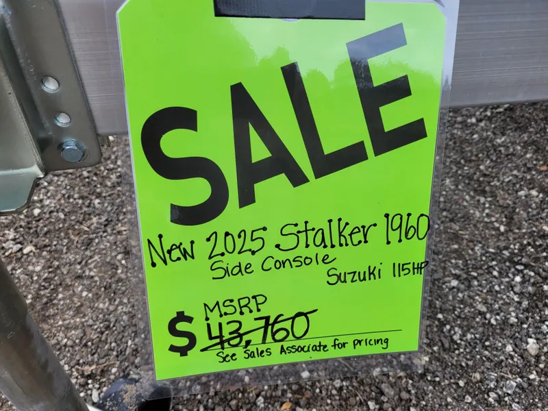 Slide: The Image of Sale sign for 2025 Excel Stalker SC, MSRP $43,760, Suzuki 115HP engine. - 11