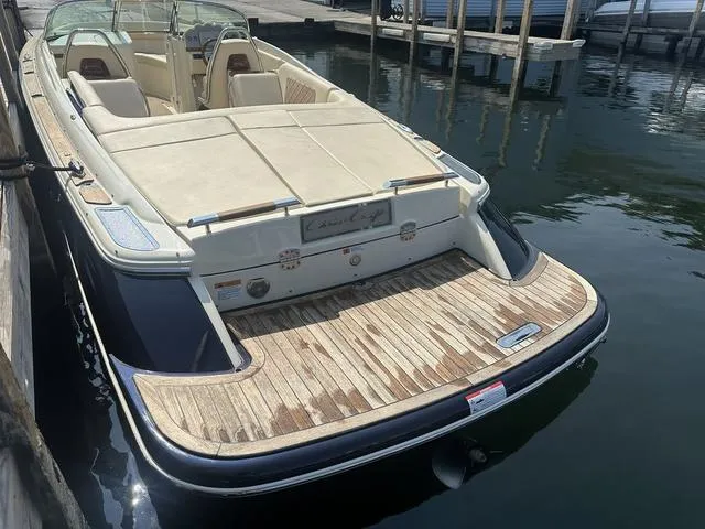 Slide: The Image of 2021 Chris-Craft Launch 27 boat docked, featuring elegant wood deck and luxurious seating. - 8