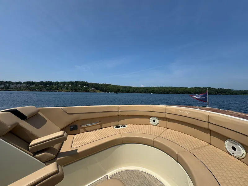 Slide: The Image of 2021 Chris-Craft Launch 35 GT boat interior with lake view and clear sky. - 16