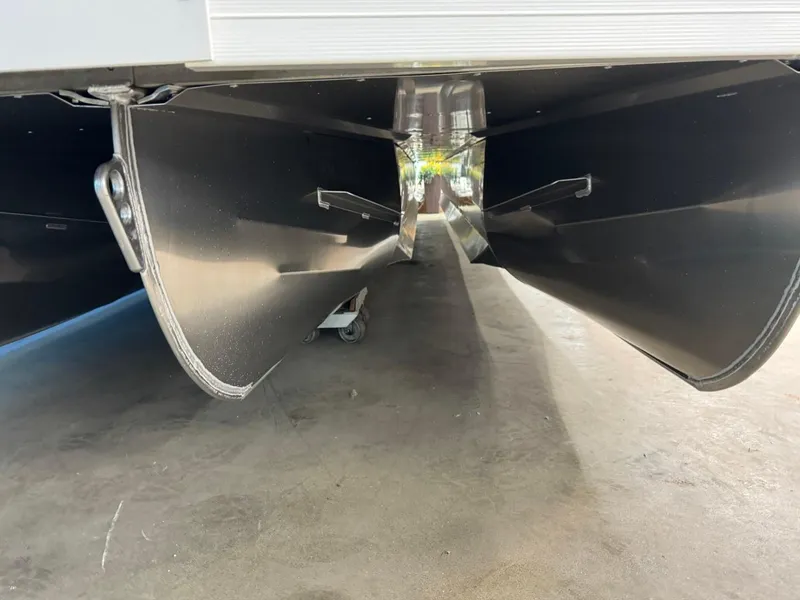 Slide: The Image of Close-up of 2024 JC Neptoon 23 TT DSL pontoon hull design. - 19