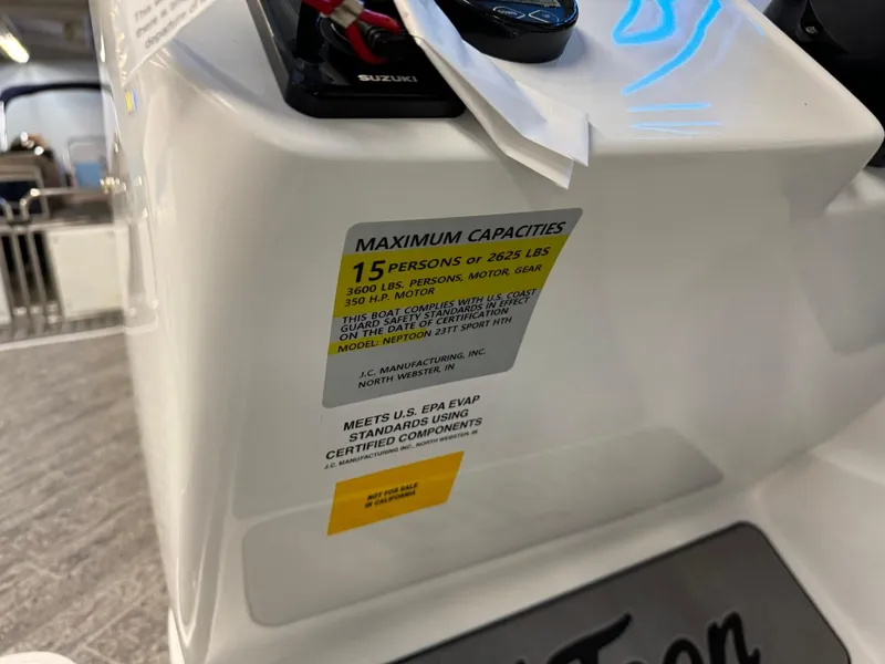 Slide: The Image of 2024 JC Neptoon 23 TT DSL capacity label, seating for 15, meets U.S. EPA standards. - 27