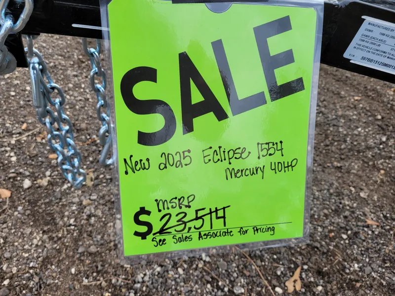 Slide: The Image of Sale sign for 2025 Excel Eclipse 1534, Mercury 40HP, MSRP $23,514. - 10