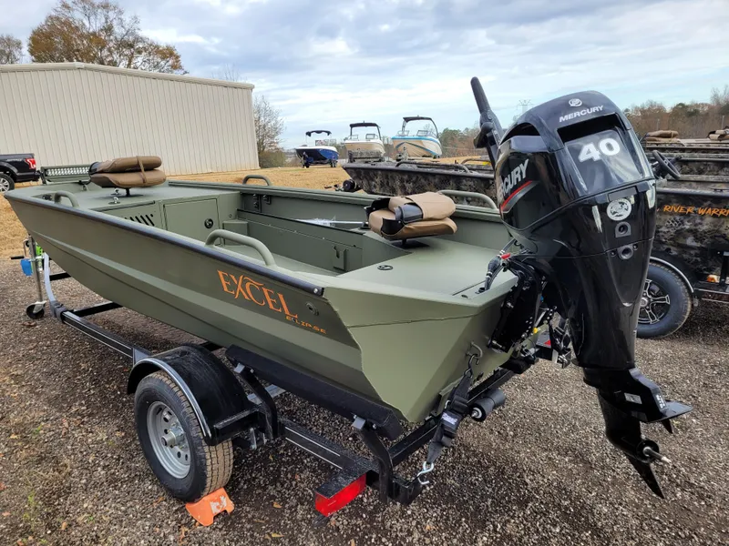 Slide: The Image of 2025 Excel Eclipse boat with Mercury 40 outboard motor on trailer. - 7
