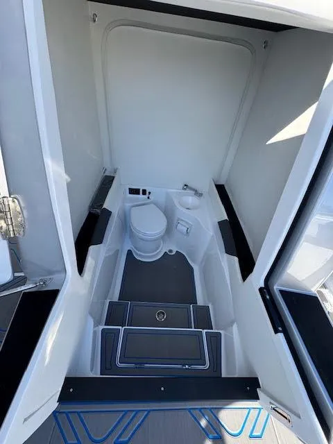 Slide: The Image of Modern bathroom interior on 2025 Statement 380 Open boat, featuring sleek design and compact layout. - 6