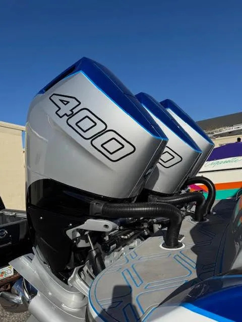 Slide: The Image of Twin 400 horsepower engines on a 2025 Statement 380 Open boat. - 7