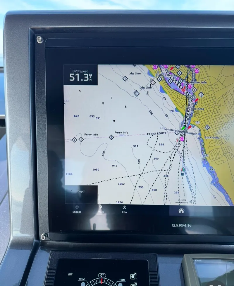 Slide: The Image of Garmin navigation display on 2019 Maori 54ft Family yacht, showing GPS speed and nautical chart. - 18