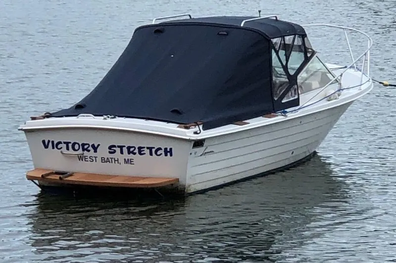 Slide: The Image of 1975 Lyman 26 Cruisette boat named "Victory Stretch" on water, West Bath, ME. - 6