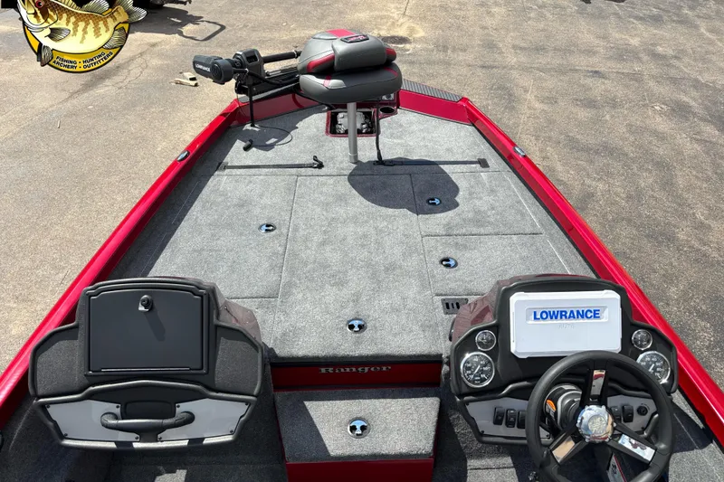 Slide: The Image of 2025 Ranger RT188P boat interior with Lowrance electronics and fishing seat. - 5