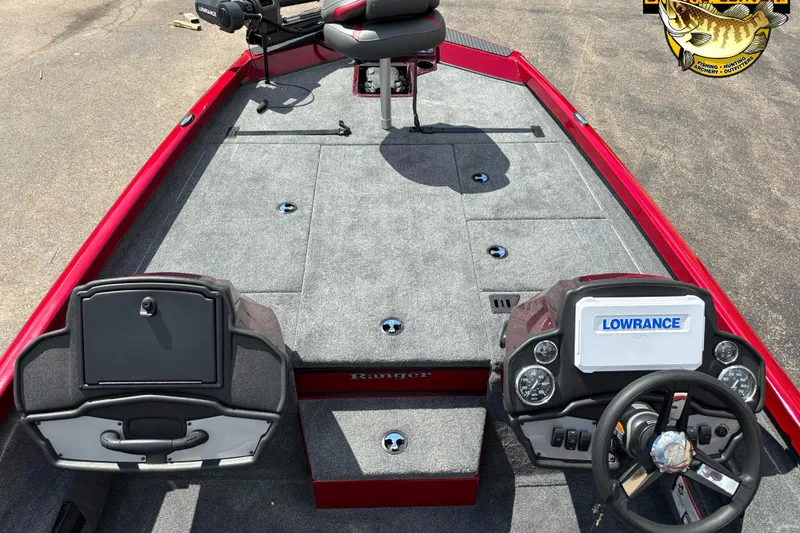 Slide: The Image of 2025 Ranger RT188P boat interior with Lowrance electronics and red accents. - 6