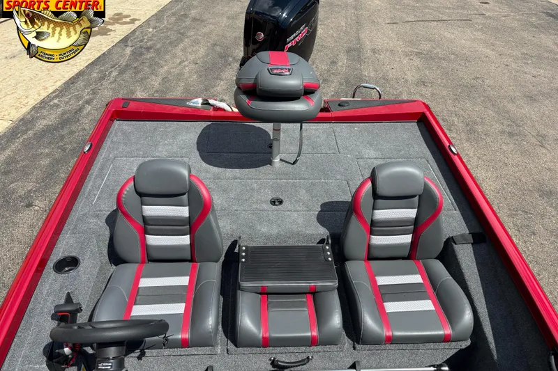 Slide: The Image of 2025 Ranger RT188P boat interior with red and gray seating, steering wheel, and motor. - 9