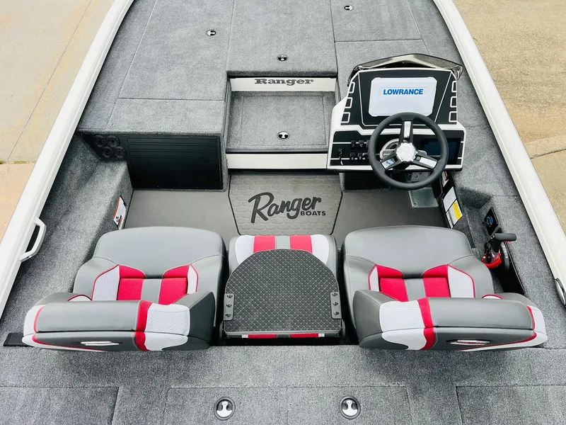 Slide: The Image of 2025 Ranger ALPHA 208 boat interior with dual seats and steering console. - 29