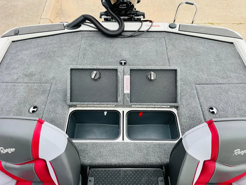 Slide: The Image of Ranger ALPHA 208 boat interior, 2025 model, featuring storage compartments and seating. - 37