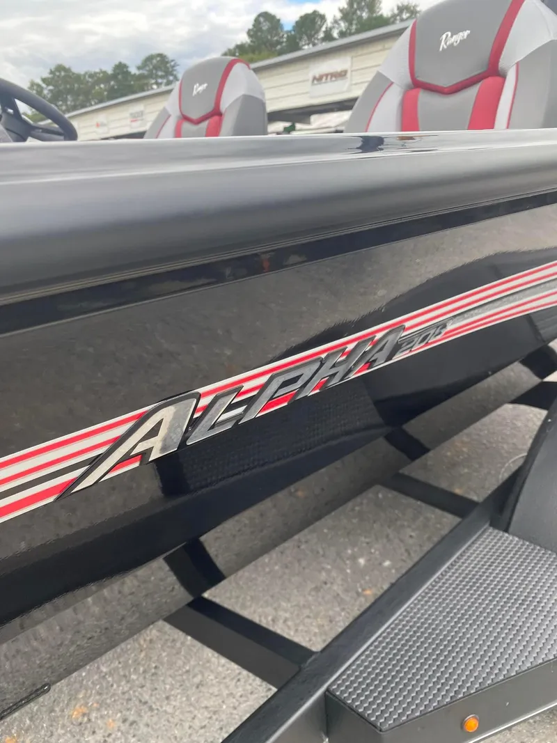 Slide: The Image of 2025 Ranger ALPHA 208 boat with sleek black design and red accents. - 7