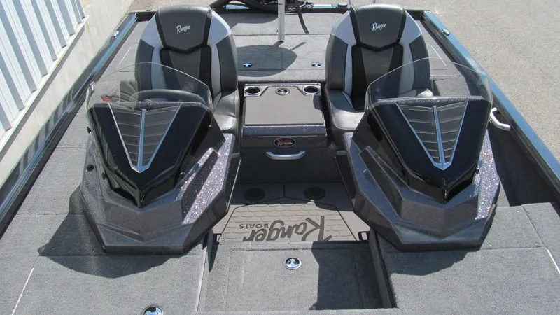 Slide: The Image of 2025 Ranger ALPHA 208 boat interior with dual seats and windshields. - 13