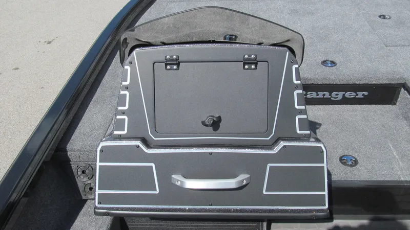 Slide: The Image of Ranger ALPHA 208 boat storage compartment, 2025 model, with sleek design and secure latch. - 7