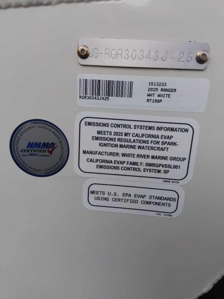 Slide: The Image of 2025 Ranger RT198P emissions control information and certification labels on white surface. - 9