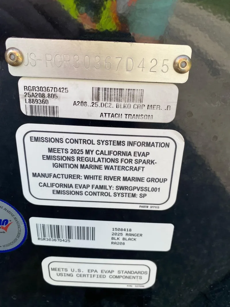 Slide: The Image of Emissions control information on Ranger ALPHA 208, 2025 model, marine watercraft. - 14