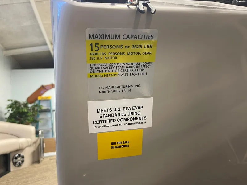 Slide: The Image of Capacity label on 2025 JC Neptoon 23 TT LG boat, not for sale in California. - 28