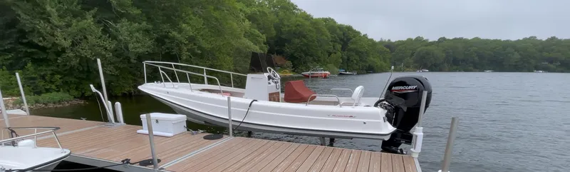 Slide: The Image of 2025 Metan Pelham Bay 21 boat docked by a serene lake with lush greenery. - 3