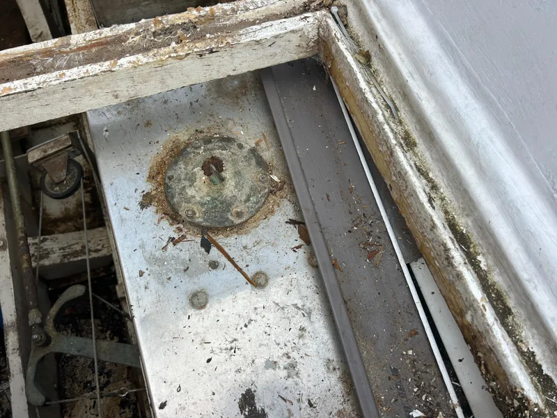 Slide: The Image of Close-up of weathered 1972 Grand Banks 42 Classic boat deck detail. - 74