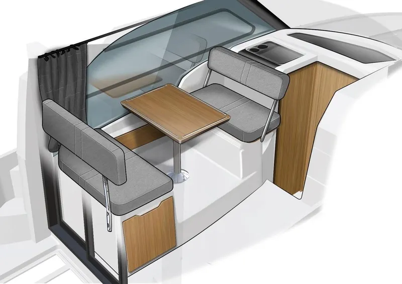 Slide: The Image of Interior of 2024 Beneteau Antares 9, featuring a cozy dining area with gray seating. - 10