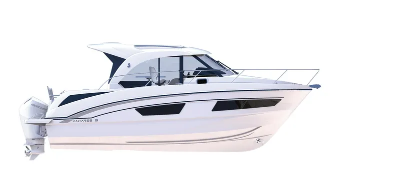 Slide: The Image of 2024 Beneteau Antares 9 motorboat, sleek design, side view, white hull. - 11