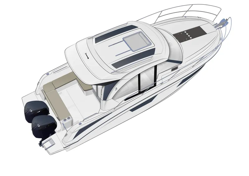 Slide: The Image of 2024 Beneteau Antares 9 boat, top view, sleek design, dual engines. - 12