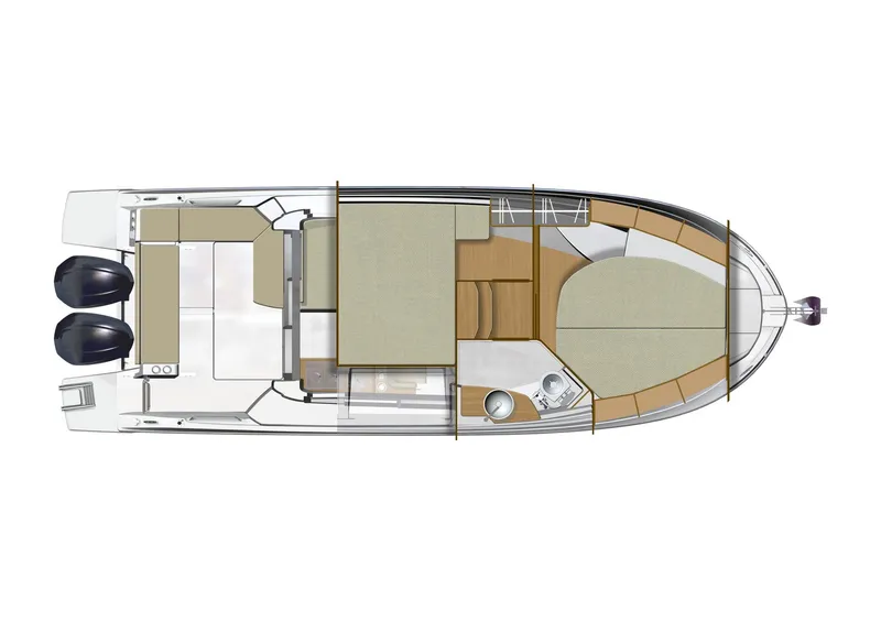Slide: The Image of 2024 Beneteau Antares 9 boat layout with twin engines and spacious interior design. - 14
