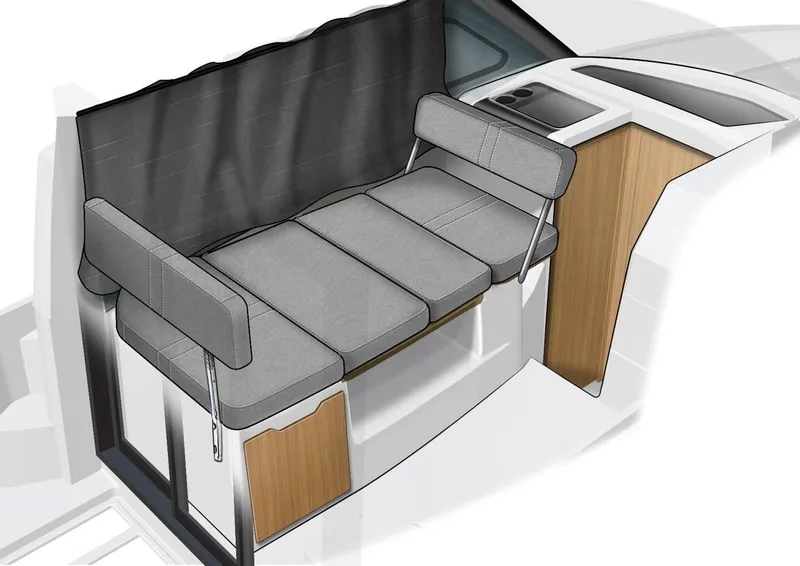 Slide: The Image of Interior seating of 2024 Beneteau Antares 9 with gray cushions and wooden accents. - 8