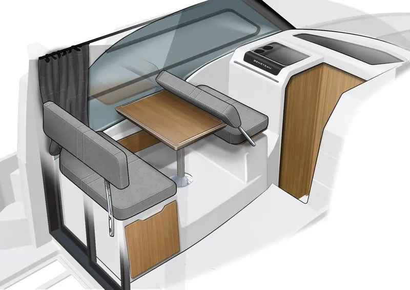 Slide: The Image of Interior of 2024 Beneteau Antares 9 with seating and table. - 9