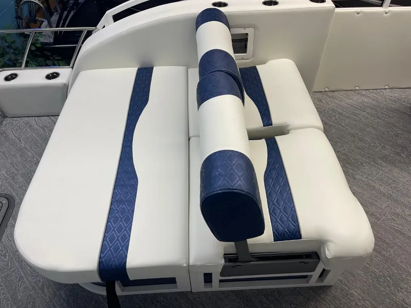 Slide: The Image of 2025 JC Swingback 25 TT boat seat with blue and white upholstery. - 30
