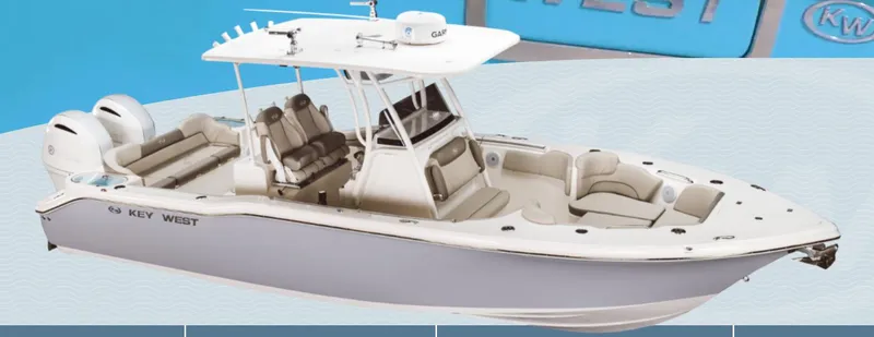 Slide: The Image of 2025 Key West 263FS boat with dual engines and spacious seating. - 1