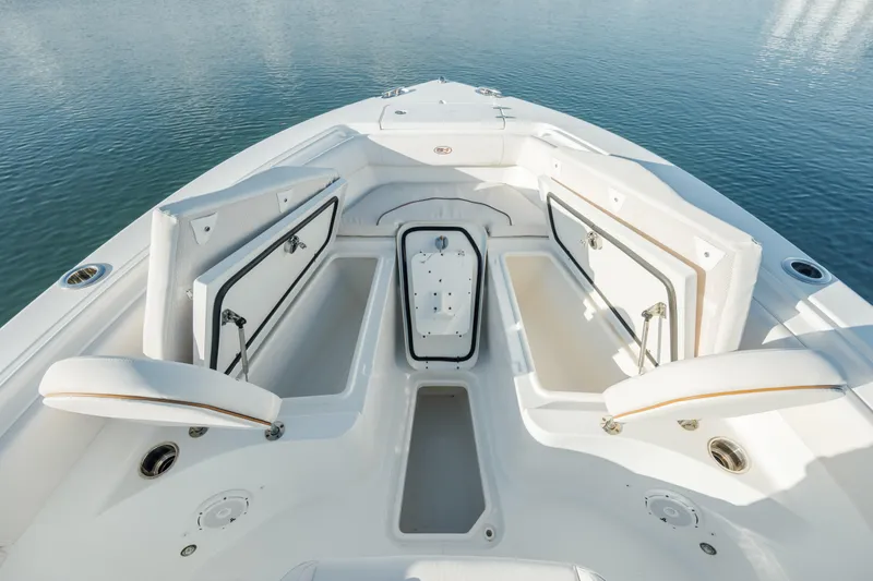 Slide: The Image of 2021 Sea Hunt Ultra 255 SE boat interior with open storage compartments. - 20