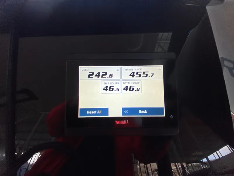 Slide: The Image of Yamaha display showing trip data on 2022 Jeanneau Leader 7.5 boat. - 14