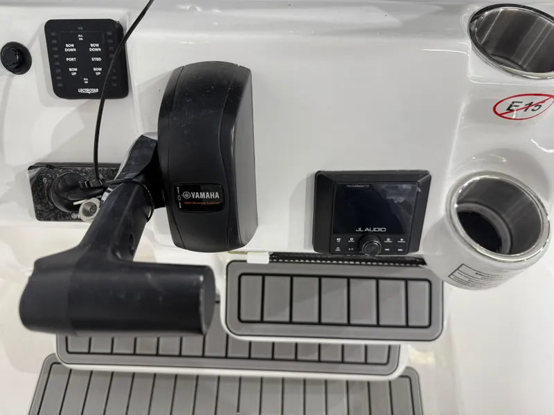 Slide: The Image of Control panel of 2025 Tidewater 210LXF boat with Yamaha throttle and JL Audio system. - 25