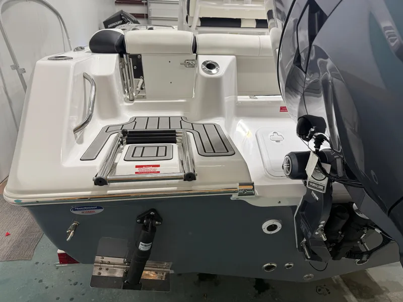 Slide: The Image of 2025 Tidewater 210LXF boat stern with ladder and motor in a showroom. - 8