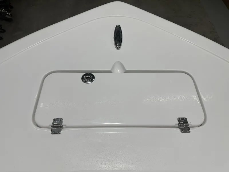 Slide: The Image of 2025 Tidewater 220LXF boat hatch with stainless steel hinges and latch. - 26