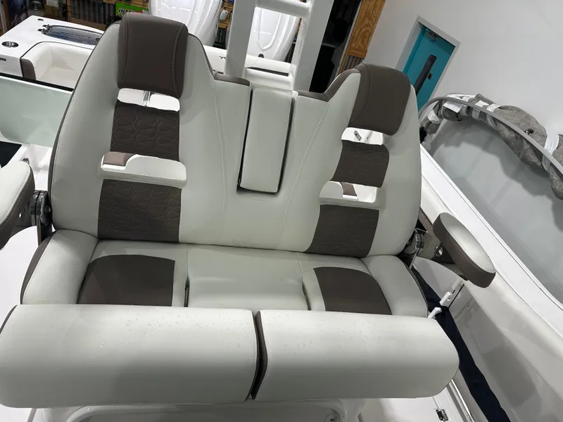 Slide: The Image of 2025 Tidewater 320cc boat seating with modern design and comfortable upholstery. - 22
