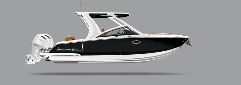 Slide: The Image of 2025 Chaparral 280 OSX boat, sleek black and white design, side view. - 30