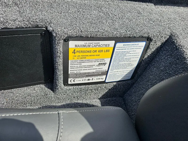 Slide: The Image of 2025 Ranger RT178 boat capacity label, maximum 4 persons or 620 lbs. - 15