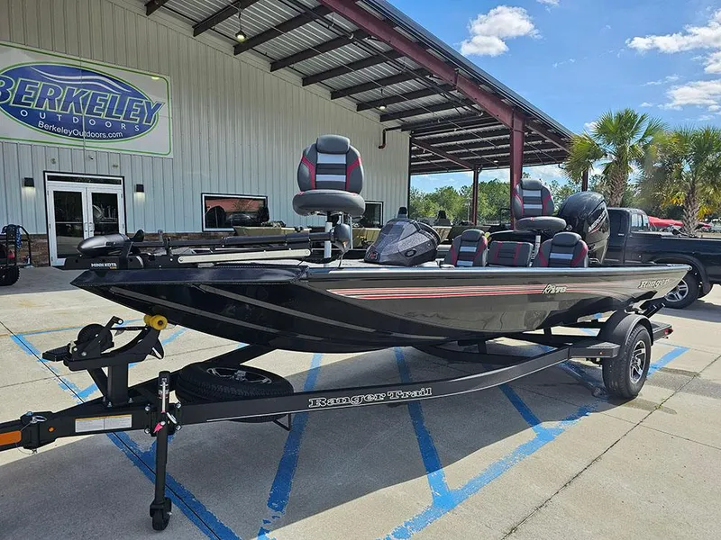 Slide: The Image of 2025 Ranger RT178 boat on trailer at Berkeley Outdoors dealership. - 2