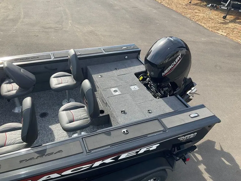 Slide: The Image of 2025 Tracker Targa™ V-18 WT boat with Mercury engine, spacious seating, and sleek design. - 10