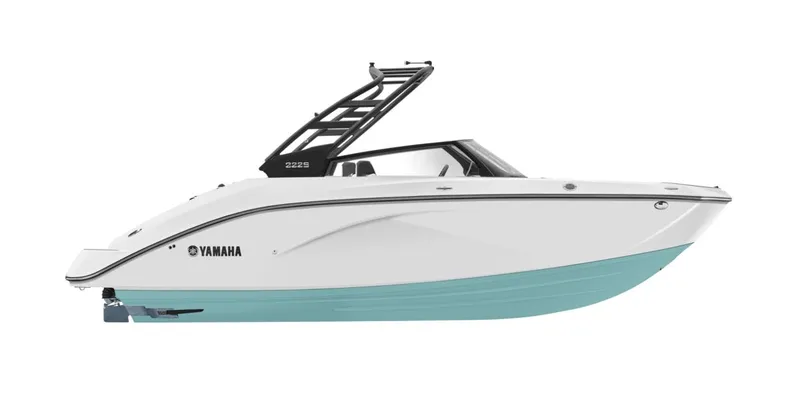 Slide: The Image of 2025 Yamaha Boats 222S, sleek white and turquoise design, side view. - 20