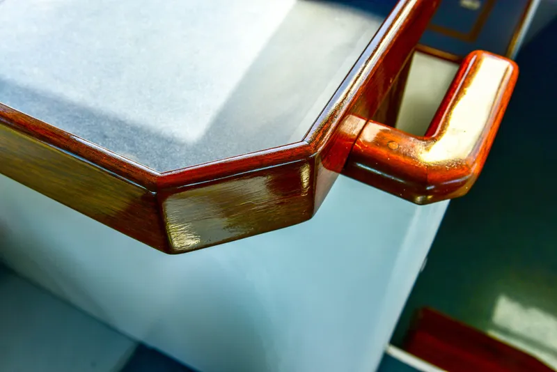 Slide: The Image of Close-up of polished wood detail on 1998 Duffy 35 Downeast Cruiser. - 56