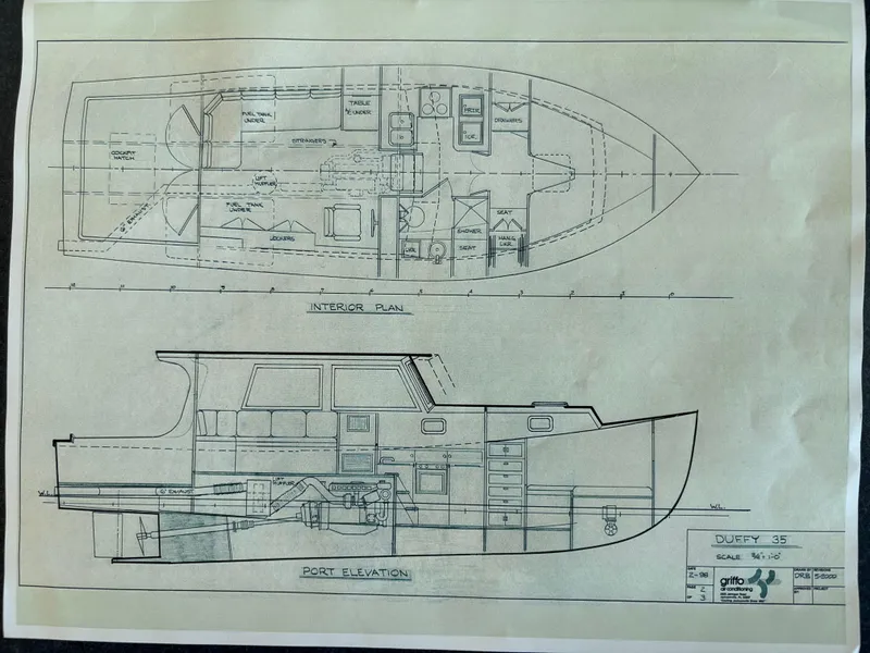 Slide: The Image of Blueprint of 1998 Duffy 35 Downeast Cruiser, showing interior and port elevation plans. - 71