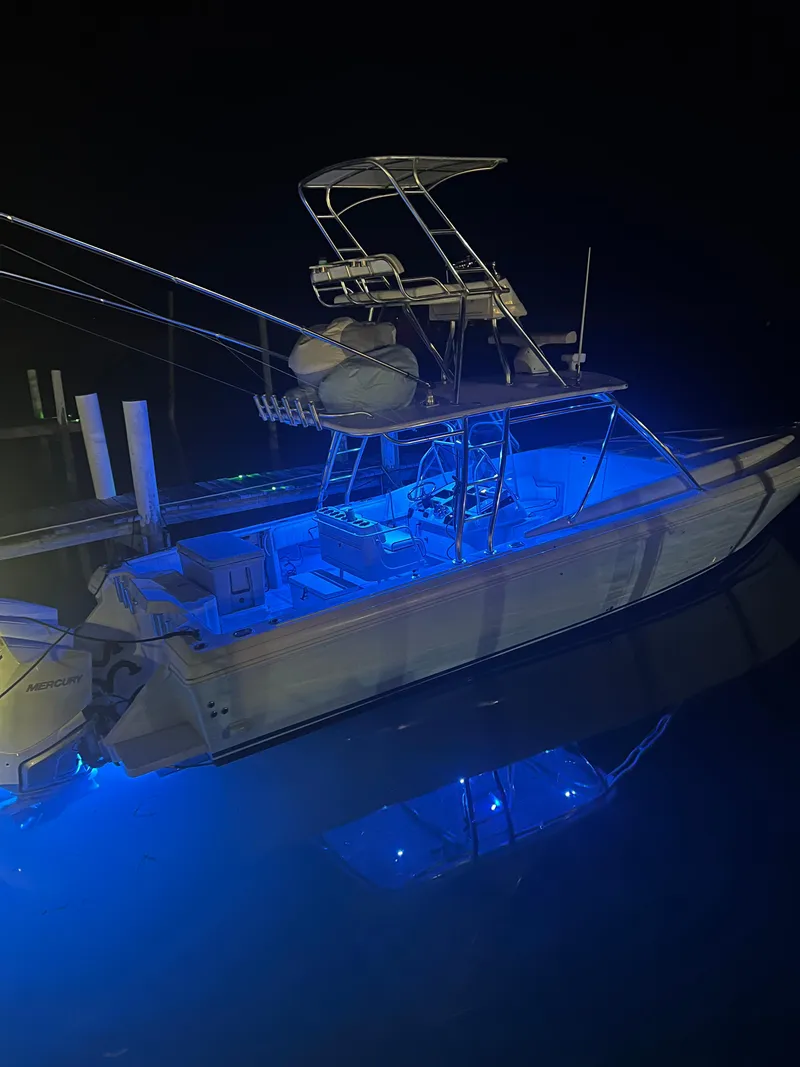 Slide: The Image of 2001 Intrepid 366 Cuddy boat with blue underwater lights at night. - 4