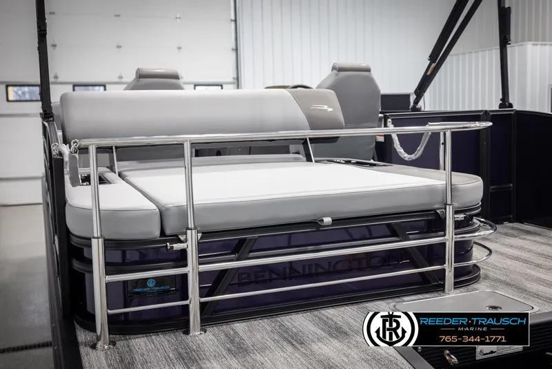 Slide: The Image of 2025 Bennington 23 SSBSE pontoon boat interior with sleek seating and modern design. - 25