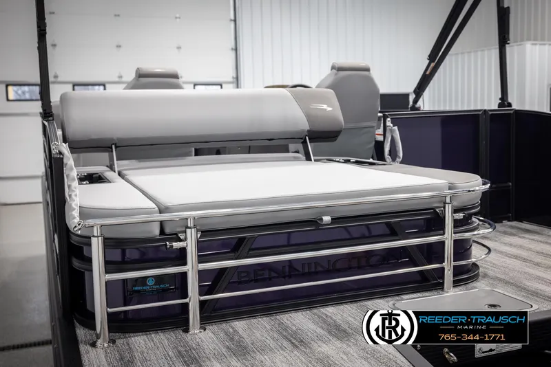 Slide: The Image of 2025 Bennington 23 SSBSE boat interior with luxurious seating and modern design. - 26
