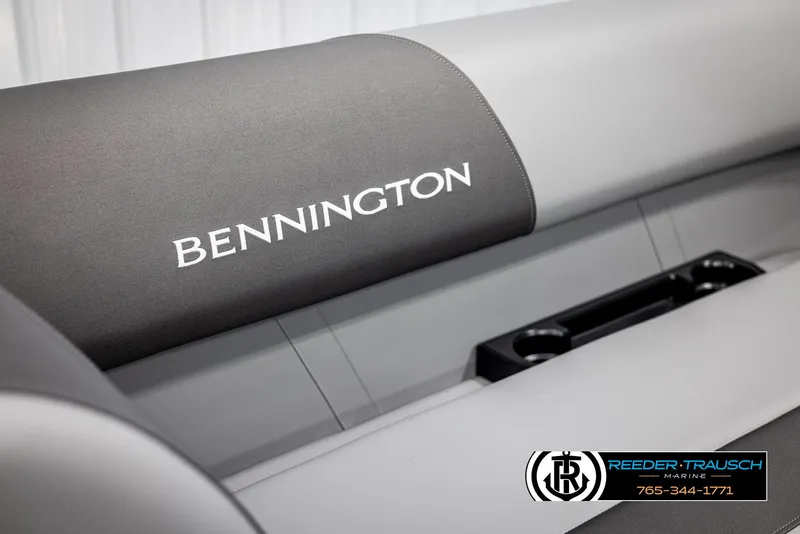 Slide: The Image of Bennington 23 SSBSE 2025 boat seat with logo, featuring sleek gray upholstery. - 37