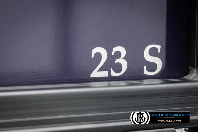 Slide: The Image of Close-up of 2025 Bennington 23 SSBSE model number on a dark surface. - 46